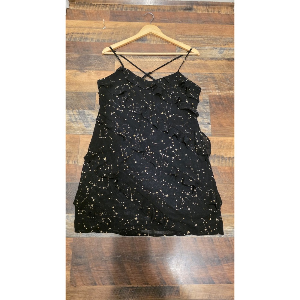 Sadie & Sage Celestial Ruffle Mini Dress Black Gold Star Print Sz Large NWT